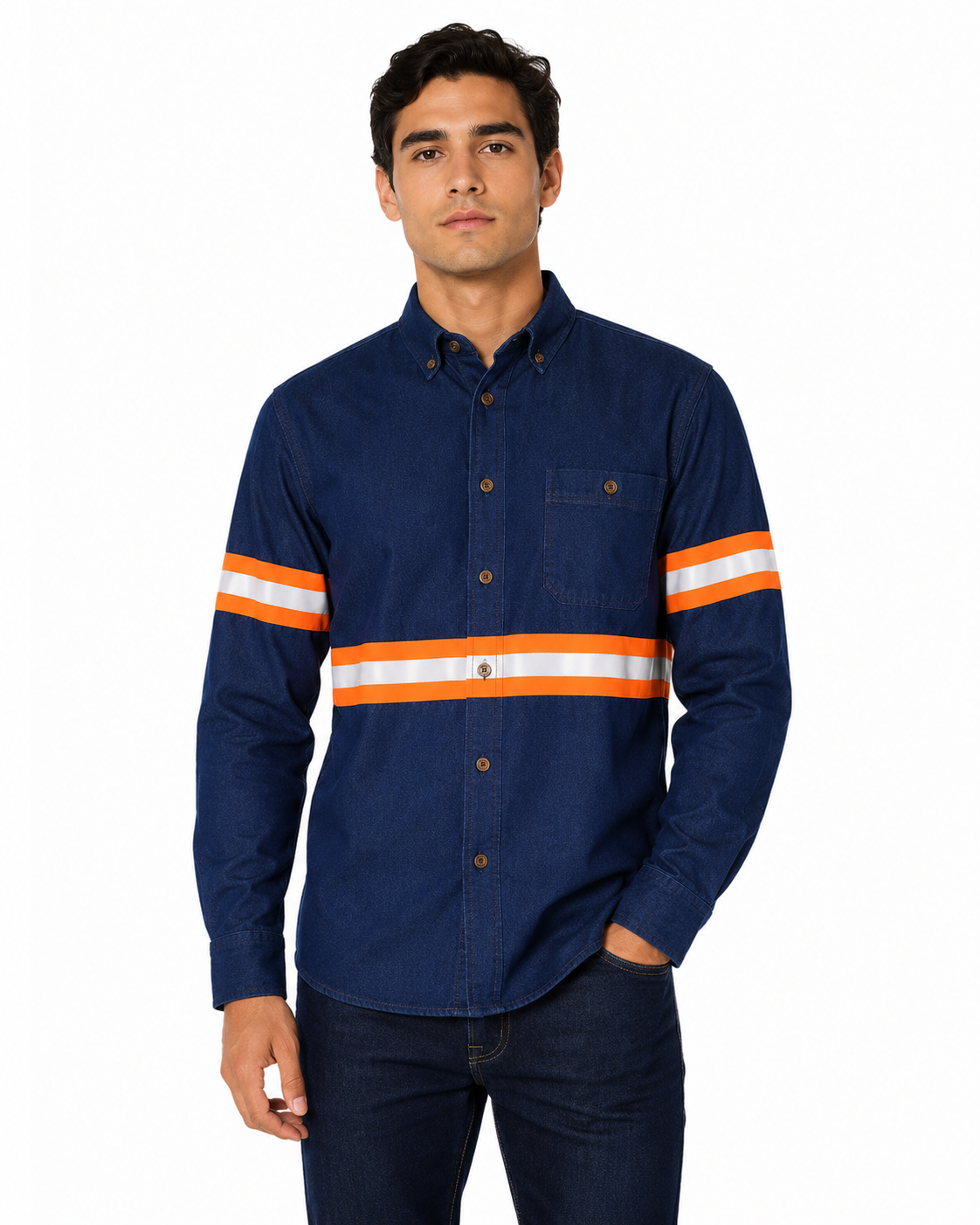 Camisola de Mezclilla 8 oz con Reflejante Naranja Alta Visibilidad